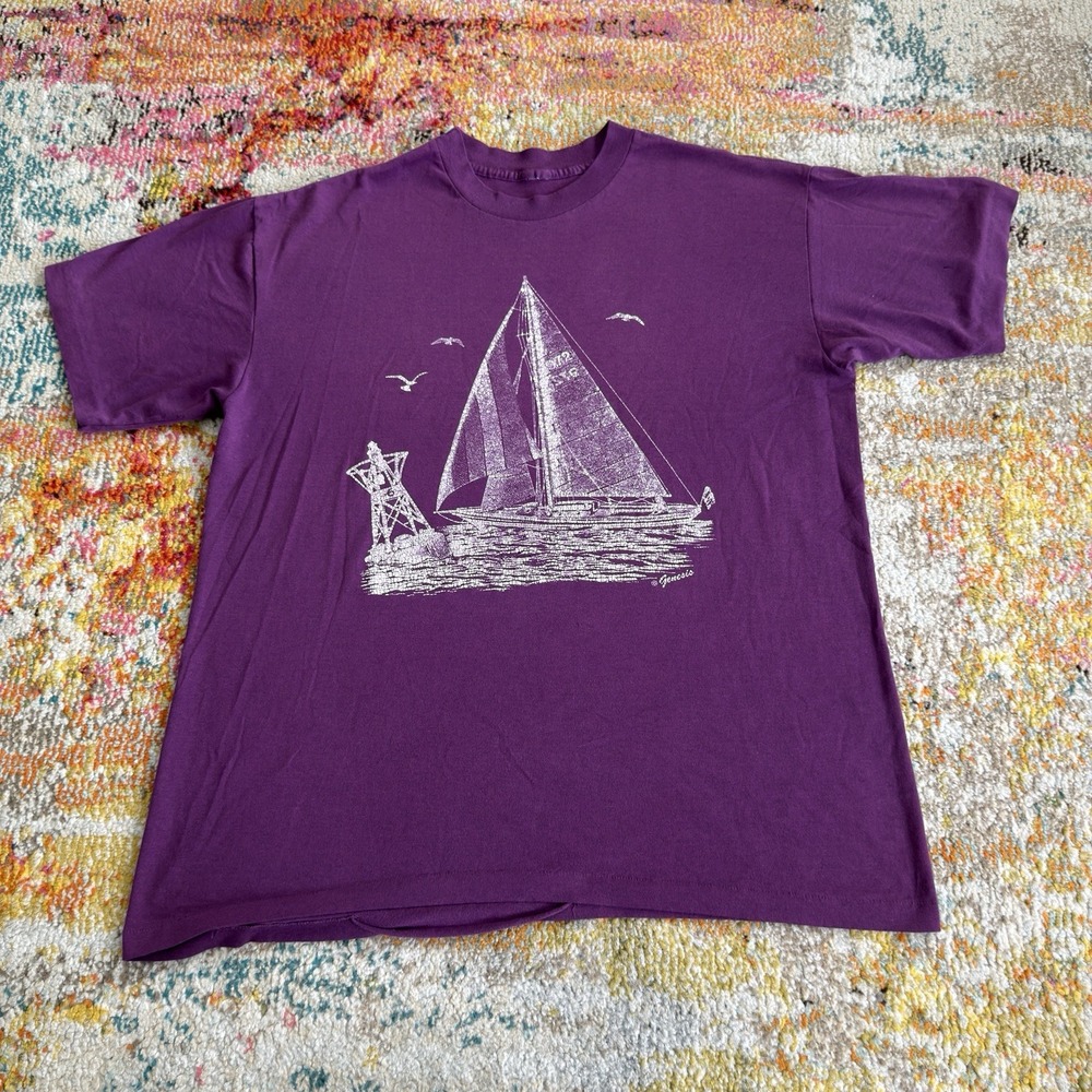 90s 80s Vintage Sailboat Ocean Sea Gulls Nautical Purple Beachcore Single Stitch